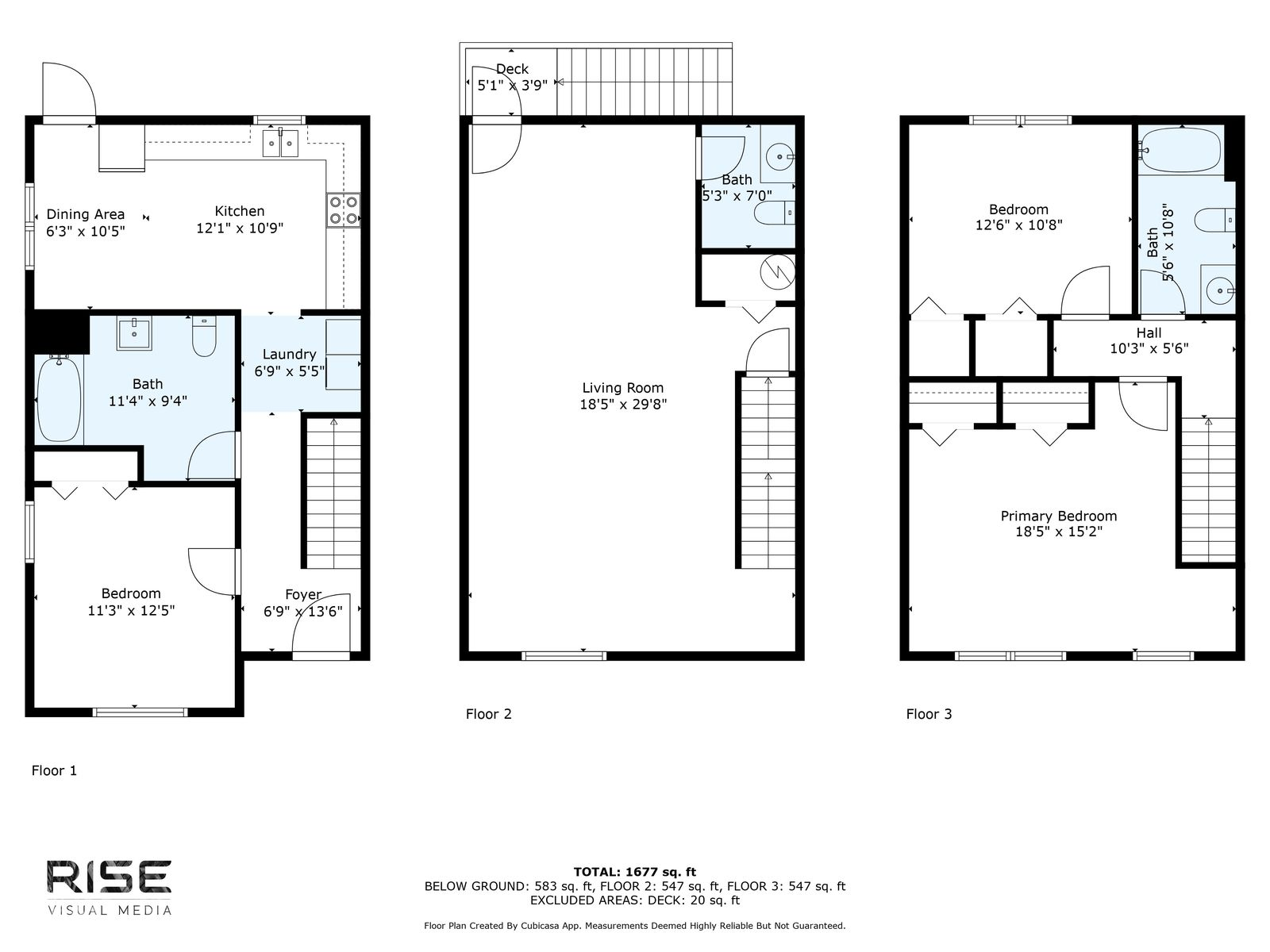 Three-level floor plan: kitchen, dining, bedroom, bath, laundry and foyer on floor 1; living room, bath and deck on floor 2; primary bedroom, bedroom, bath and hall on floor 3